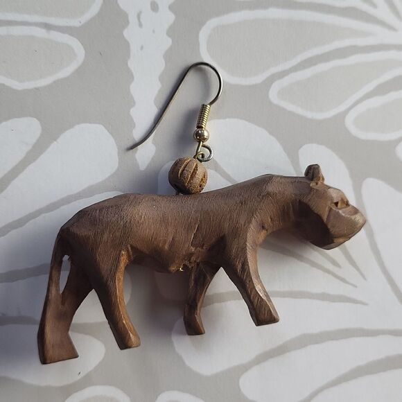 Handmade Carved Wood Cheetah Lion Earrings - Picture 2 of 5